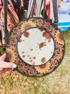 Custom Branded Cowhide tooled Leather Western Sunflower Round Crossbody Purse Initials Monogram Farm or Cow Brand