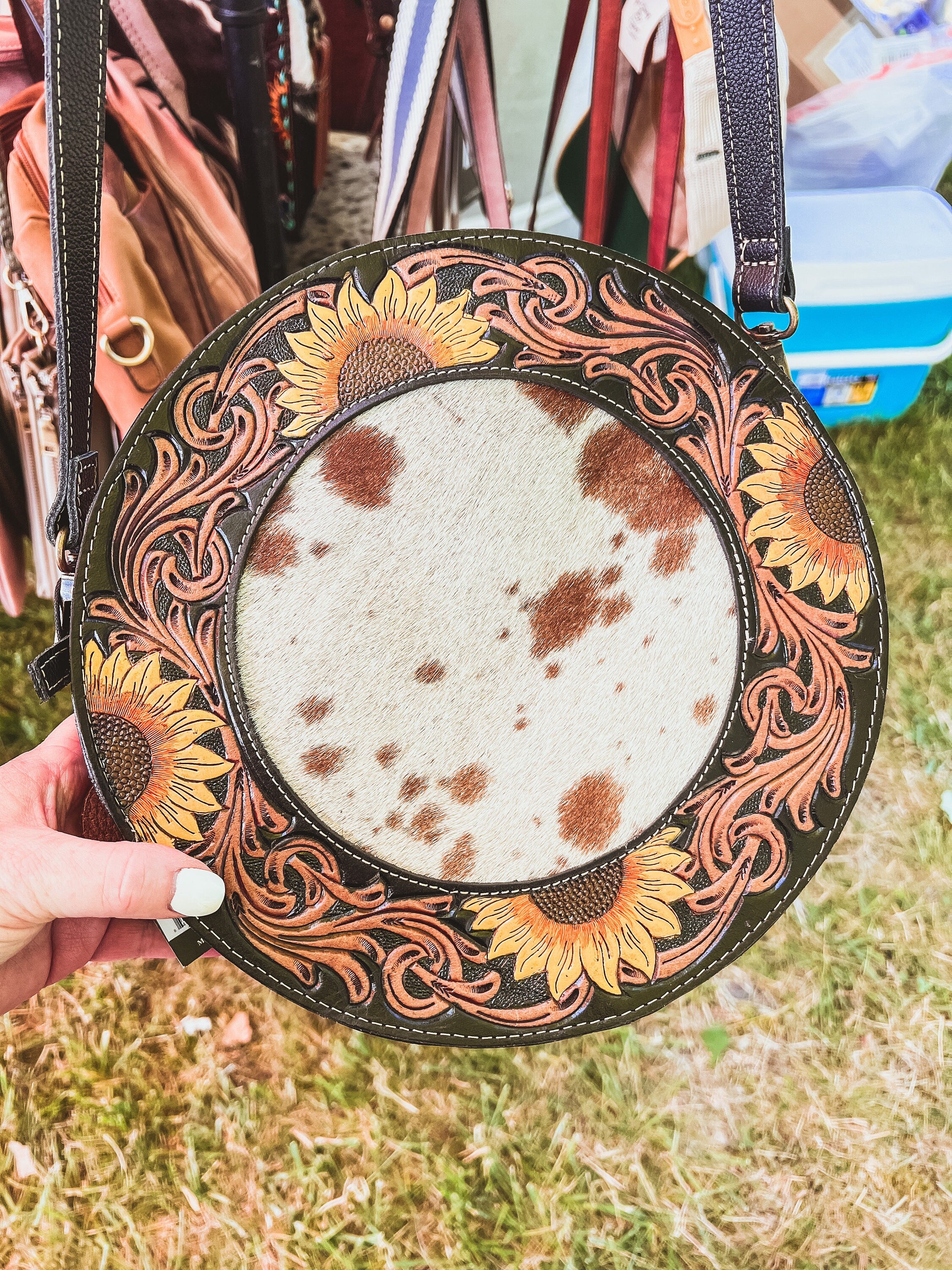 Custom Branded Cowhide tooled Leather Western Sunflower Round Crossbody Purse Initials Monogram Farm or Cow Brand