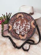 Custom Branded Cowhide tooled Leather Western Sunflower Round Crossbody Purse Initials Monogram Farm or Cow Brand