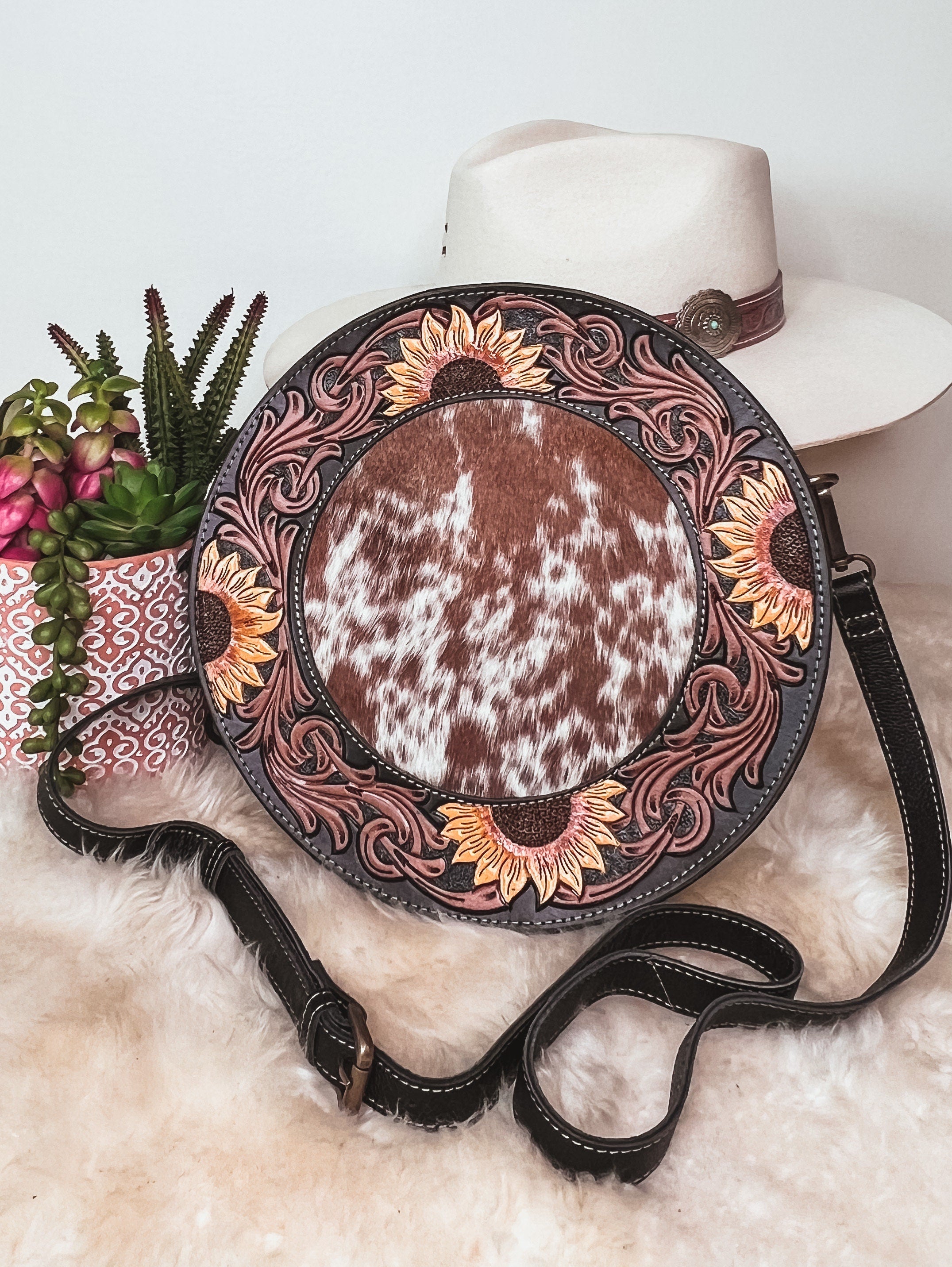 Custom Branded Cowhide tooled Leather Western Sunflower Round Crossbody Purse Initials Monogram Farm or Cow Brand