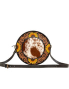 Custom Branded Cowhide tooled Leather Western Sunflower Round Crossbody Purse Initials Monogram Farm or Cow Brand
