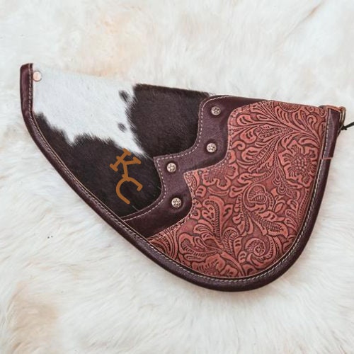 Custom Branded Cowhide Tooled Leather Western Gun Pistol Case 11 inch Farm Brand Cow Brand Initials Personalized Gift