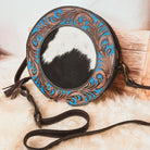 Custom branded Turquoise and Chocolate Cowhide Western Tooled Leather Round Canteen style Crossbody purse Farm Brand Cow Brand Initials