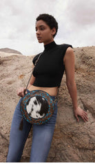 Custom branded Turquoise and Chocolate Cowhide Western Tooled Leather Round Canteen style Crossbody purse Farm Brand Cow Brand Initials