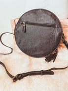 Custom branded Turquoise and Chocolate Cowhide Western Tooled Leather Round Canteen style Crossbody purse Farm Brand Cow Brand Initials