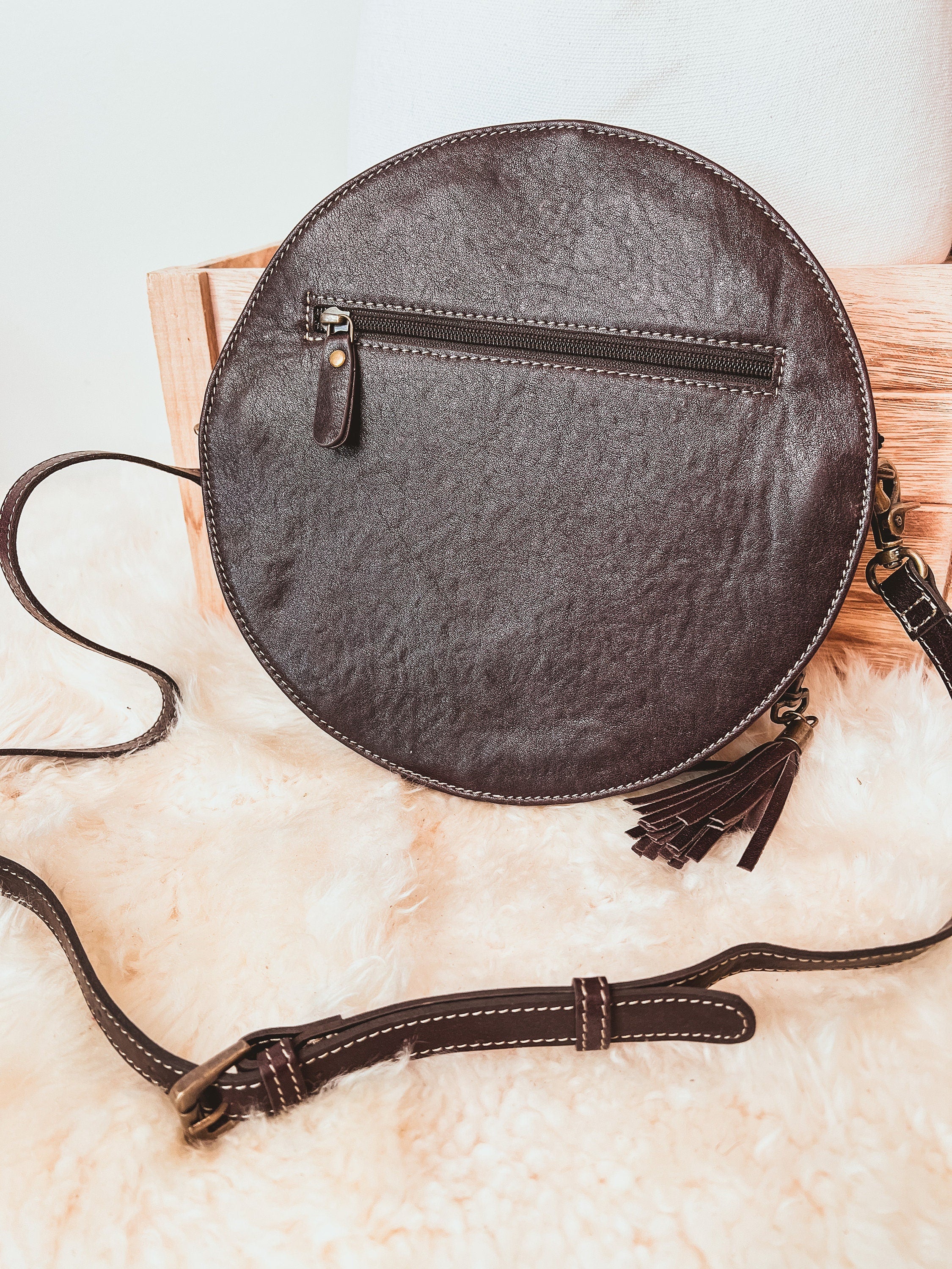 Custom branded Turquoise and Chocolate Cowhide Western Tooled Leather Round Canteen style Crossbody purse Farm Brand Cow Brand Initials