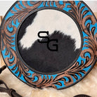 Custom branded Turquoise and Chocolate Cowhide Western Tooled Leather Round Canteen style Crossbody purse Farm Brand Cow Brand Initials