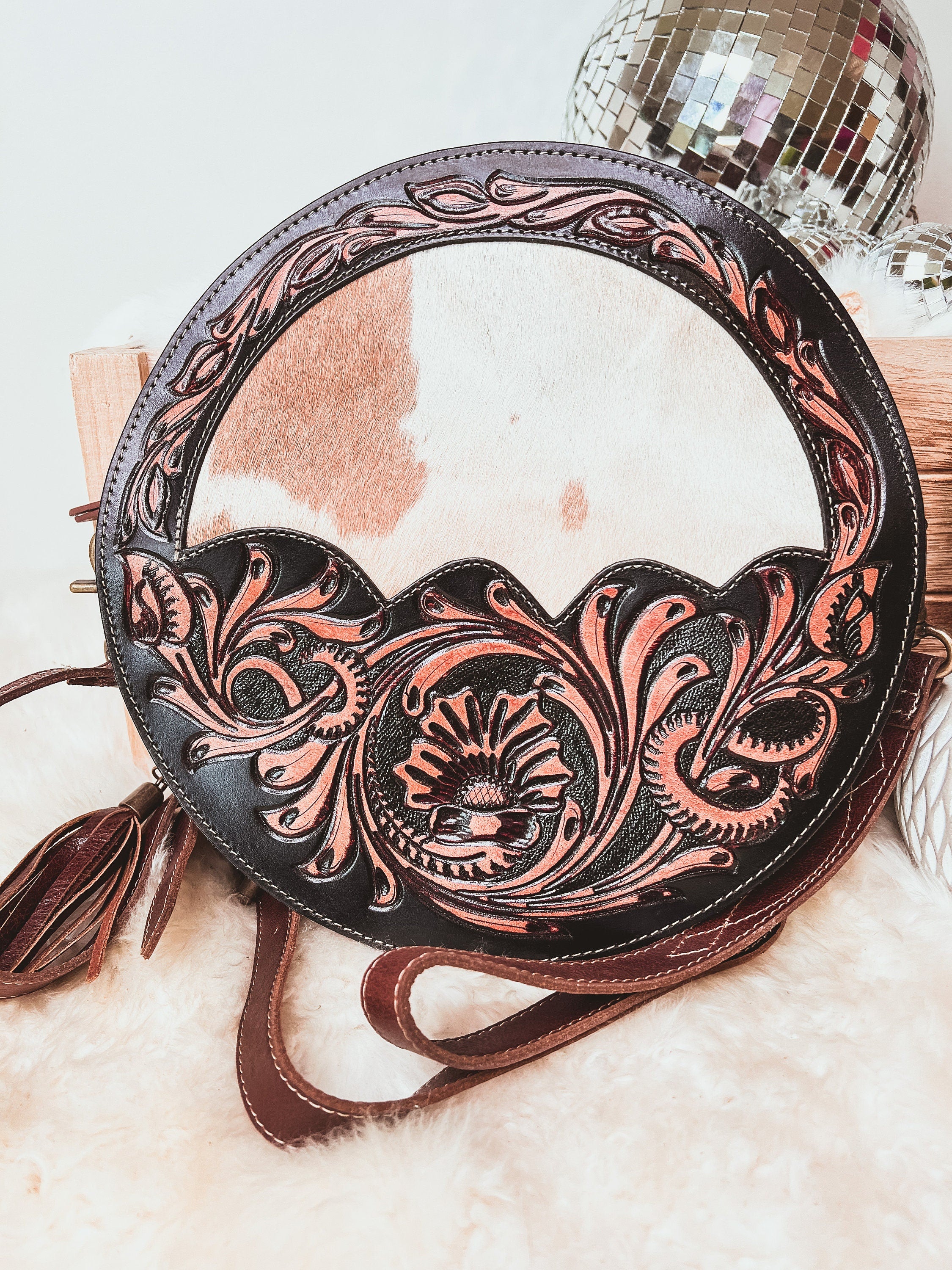 Custom Branded Round Cowhide Tooled leather Western Crossbody Canteen Style Purse Initials Monogram Farm or Cow Brand