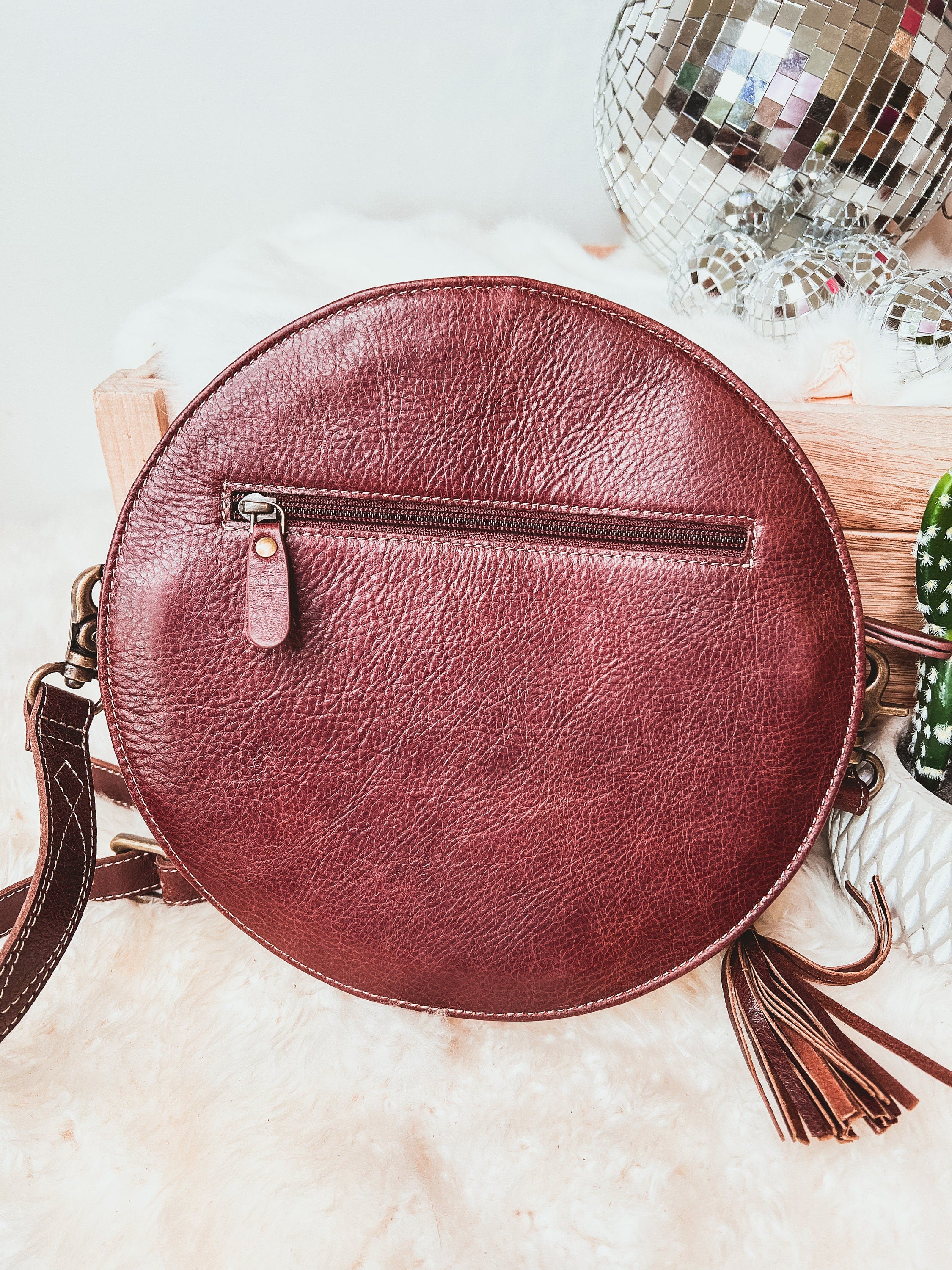 Custom Branded Round Cowhide Tooled leather Western Crossbody Canteen Style Purse Initials Monogram Farm or Cow Brand