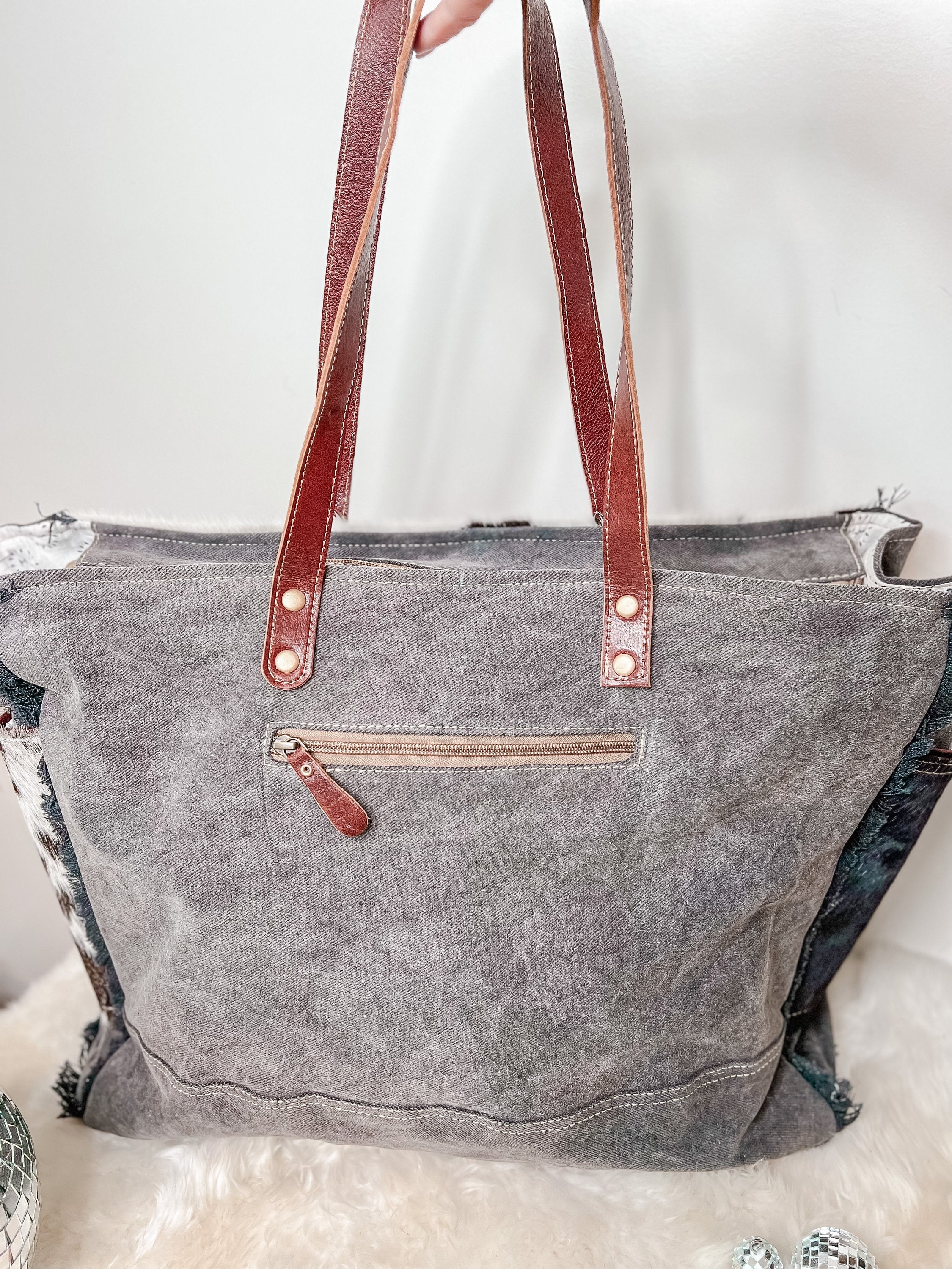 Western Cowhide & Tooled Leather Weekender Tote Bag Travel Custom Branded Farm Brand Cow Brand Initials Cow Print