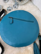 Custom Branded Cowhide Turquoise tooled Leather Western Round Crossbody Canteen Purse Initials Monogram Farm or Cow Brand