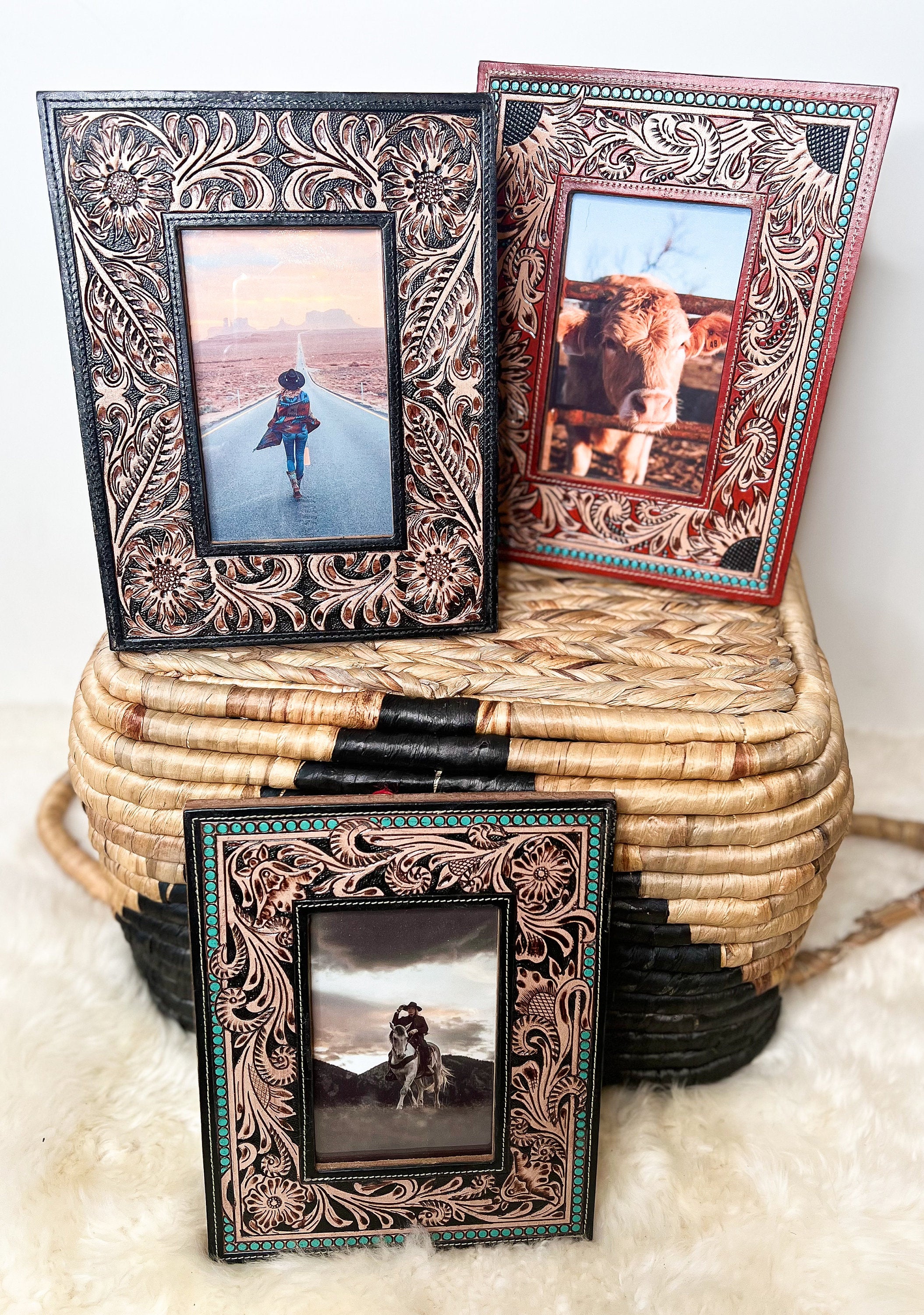 Turquoise Tooled Leather Photo Frame Western Cowgirl Cowboy Wedding, Christmas, Graduation Gift Bridal Shower New Baby Mothers Fathers Day