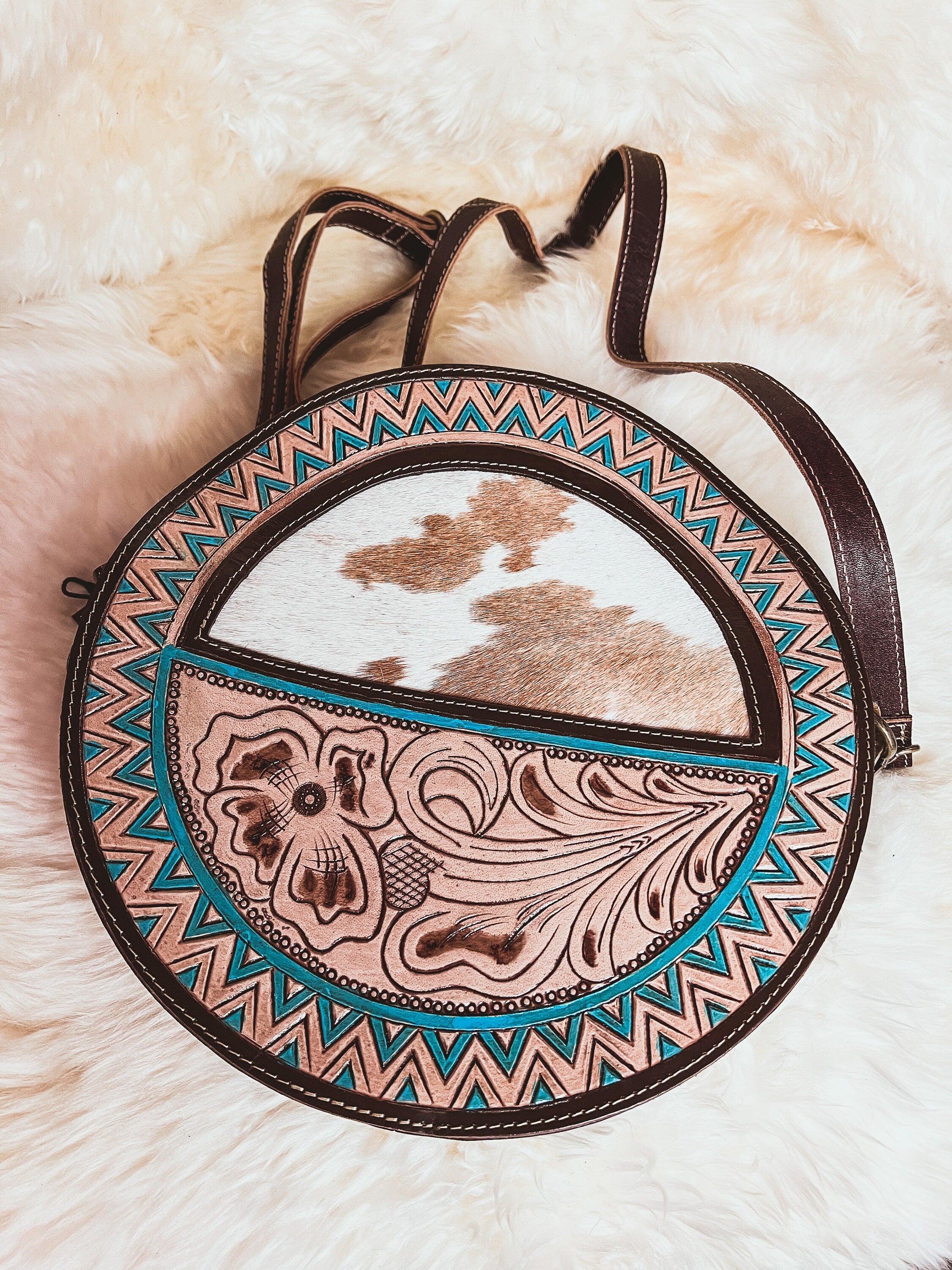 Custom Branded Cowhide tooled Leather Western Turquoise Round Crossbody Purse Initials Monogram Farm or Cow Brand