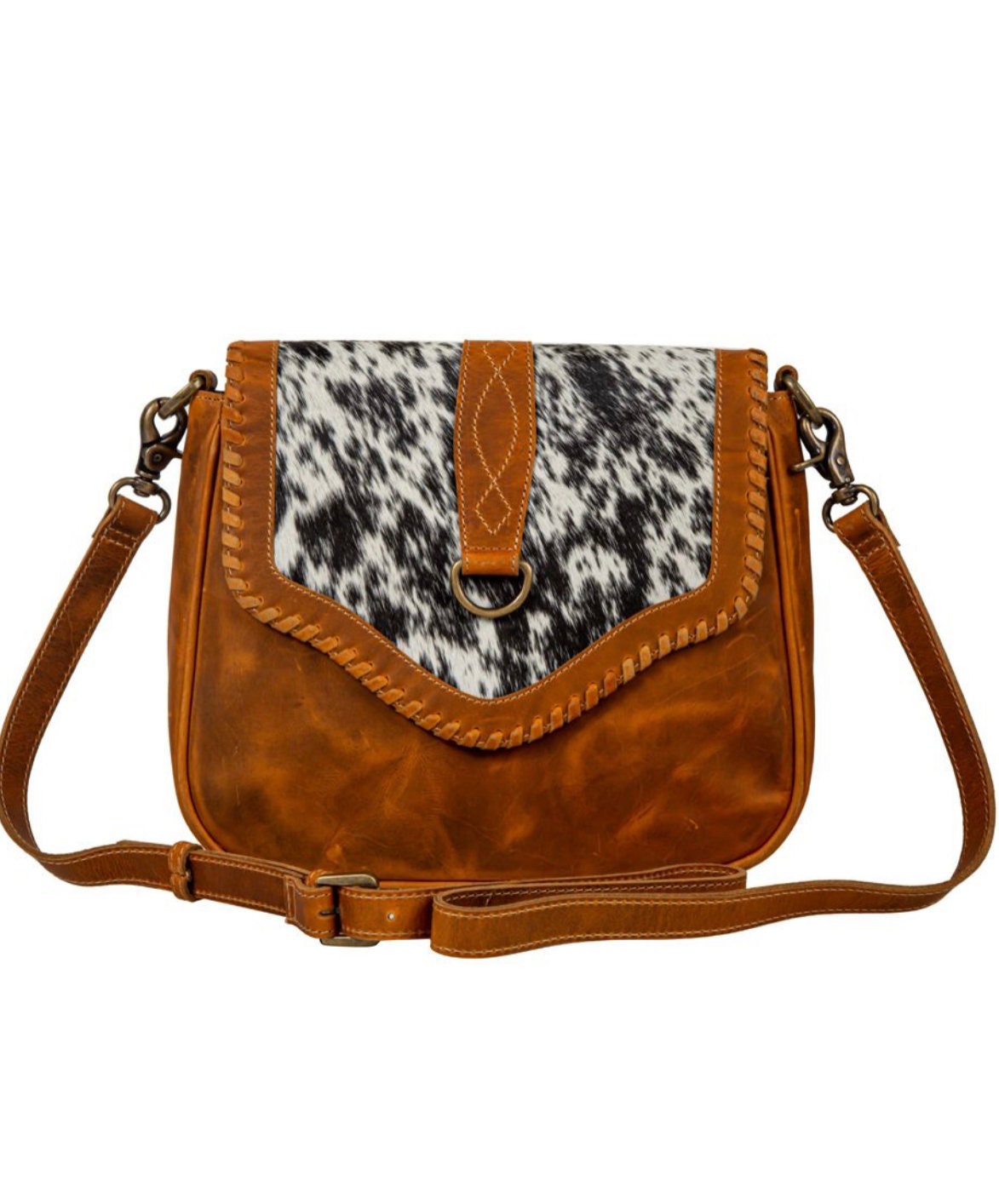 Custom Branded Whipstitched Leather & Cowhide Crossbody Shoulder Bag personalized with your Farm Brand Cow Brand Monogram or Initials