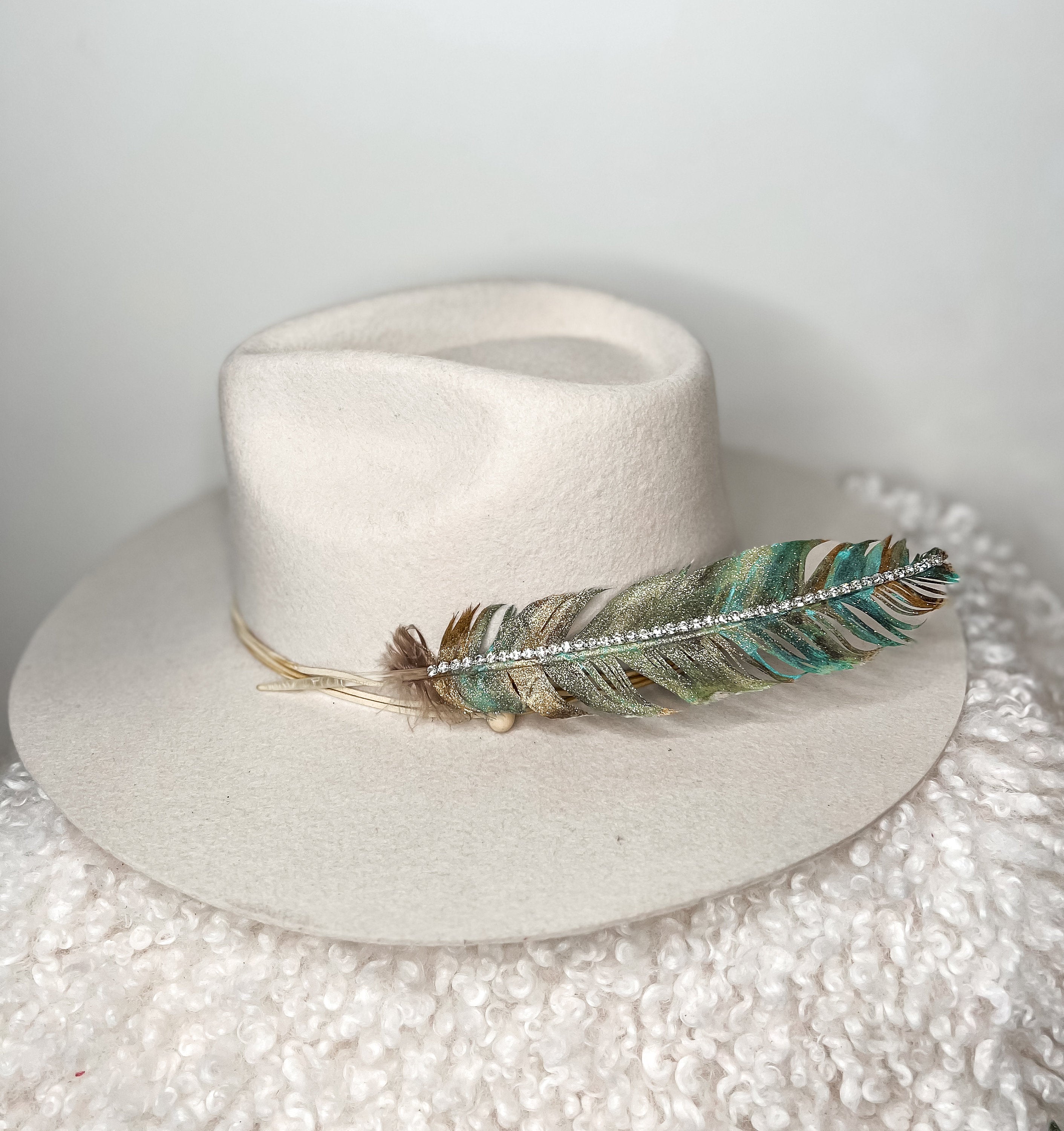 Hand Painted Rhinestone Glitter Turquoise & Gold Hat Feather Accessory Cowgirl Hat Decoration Hat Pin