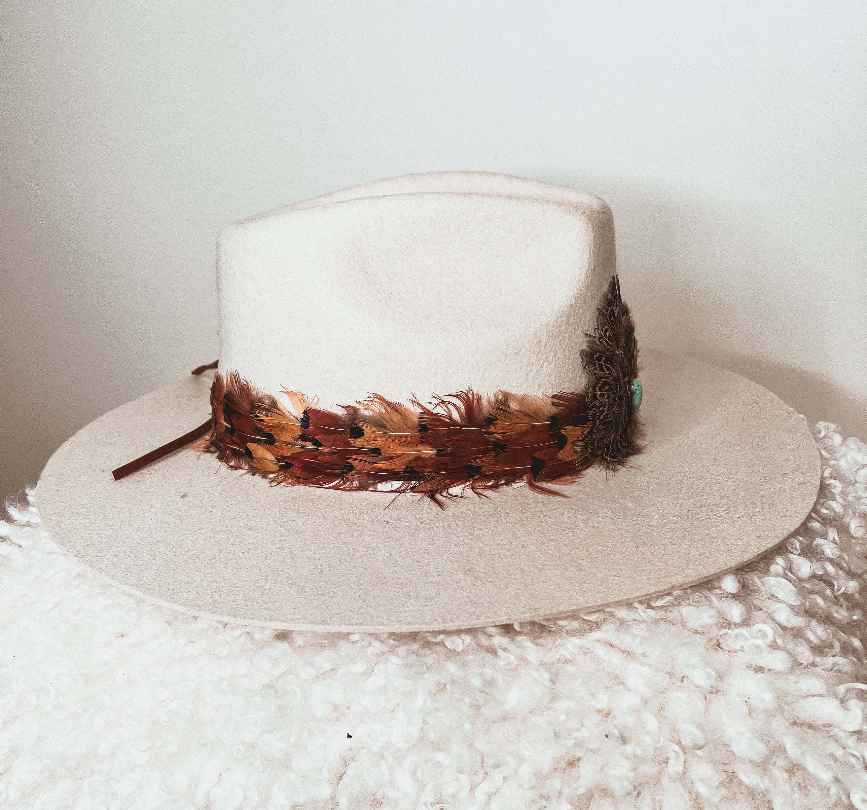 Retro Look Western Style Feather Hat Band with genuine Turquoise Stone Cowboy Hat Band, Cowgirl Hat Band