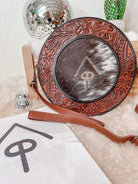 Custom Branded Cowhide tooled Leather Western Round Crossbody Purse Initials Monogram Farm or Cow Brand