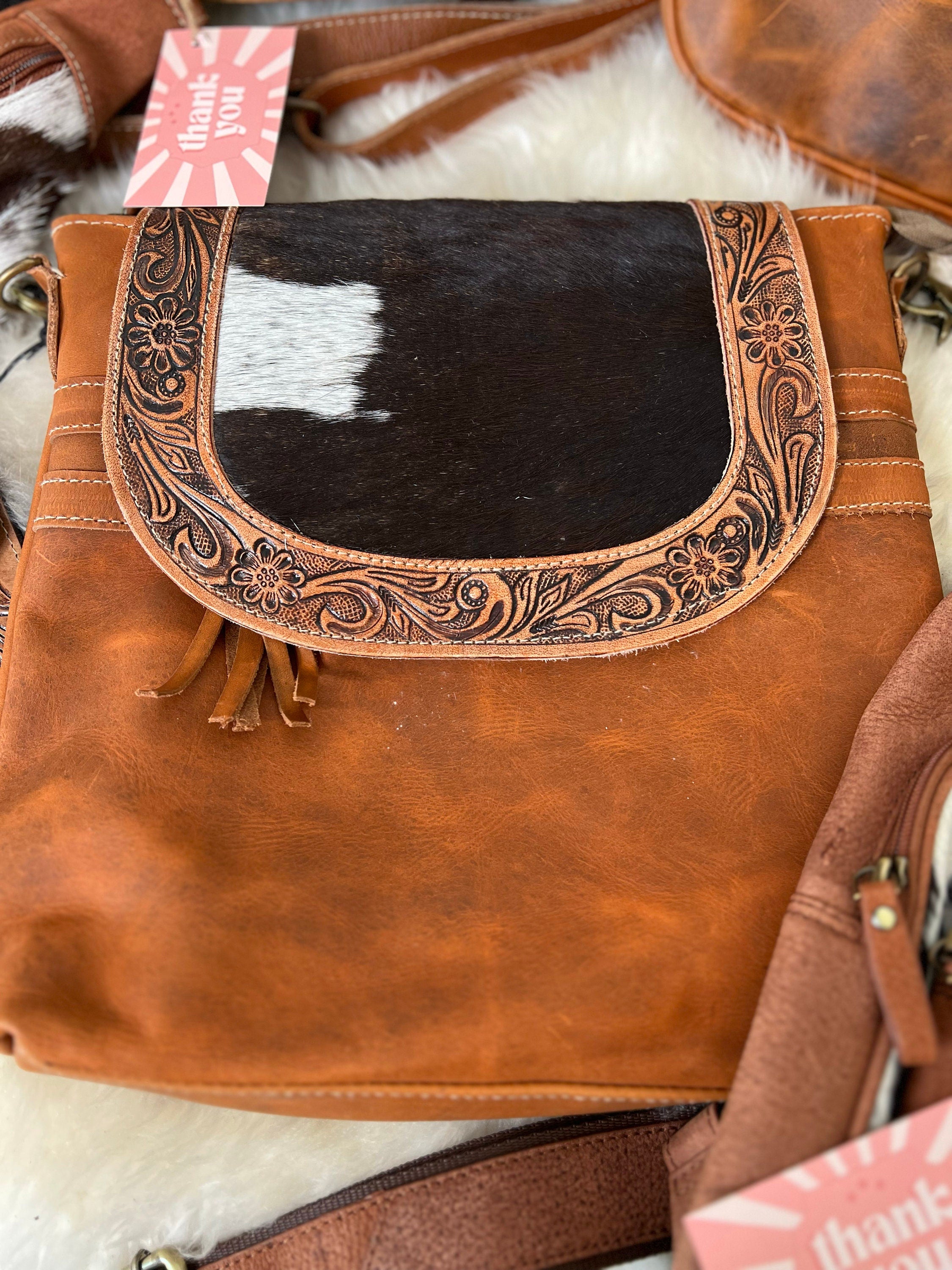Custom Branded Hand Tooled Leather & Cowhide Crossbody Shoulder Bag personalized with your Farm Brand Cow Brand Monogram or Initials