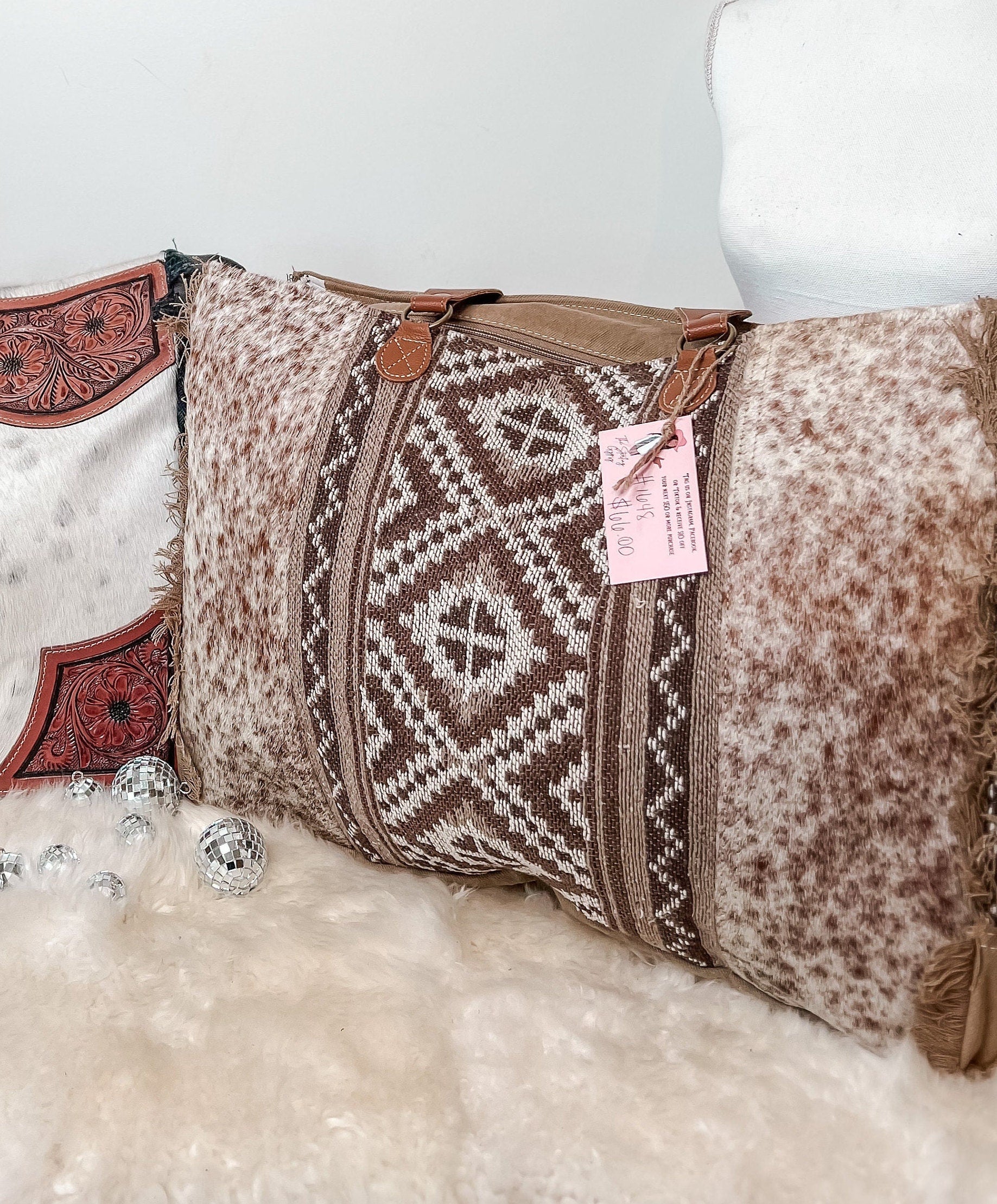 Western Cowhide & Aztec Weekender Tote Bag Travel Custom Branded Farm Brand Cow Brand Initials