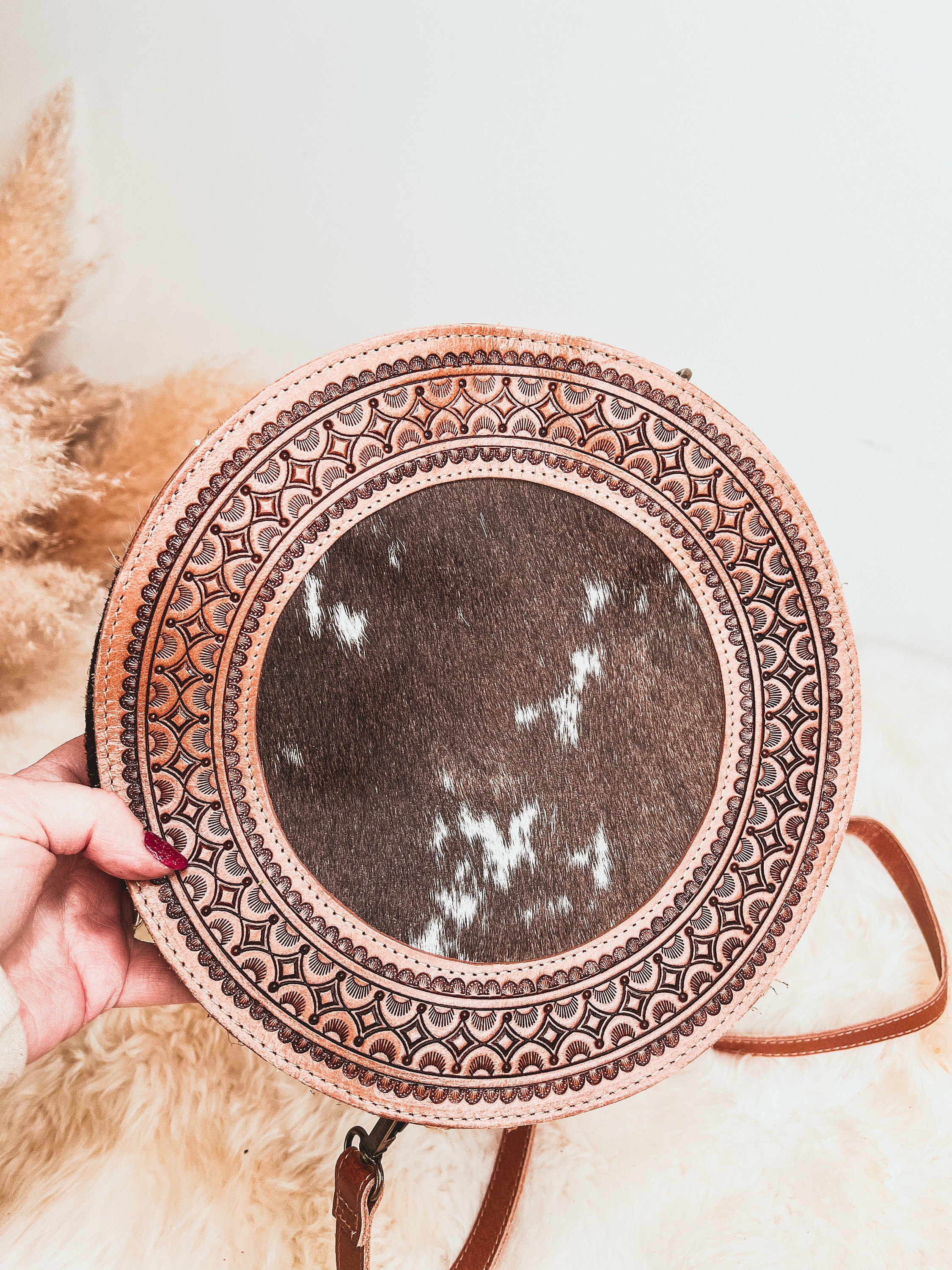 Custom Branded Cowhide tooled Leather Western Round Crossbody Purse Initials Monogram Farm or Cow Brand