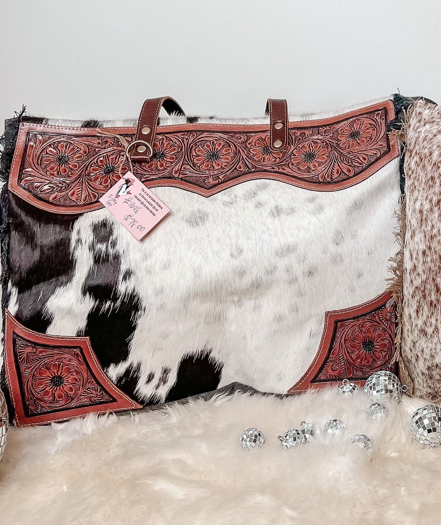 Western Cowhide & Tooled Leather Weekender Tote Bag Travel Custom Branded Farm Brand Cow Brand Initials Cow Print