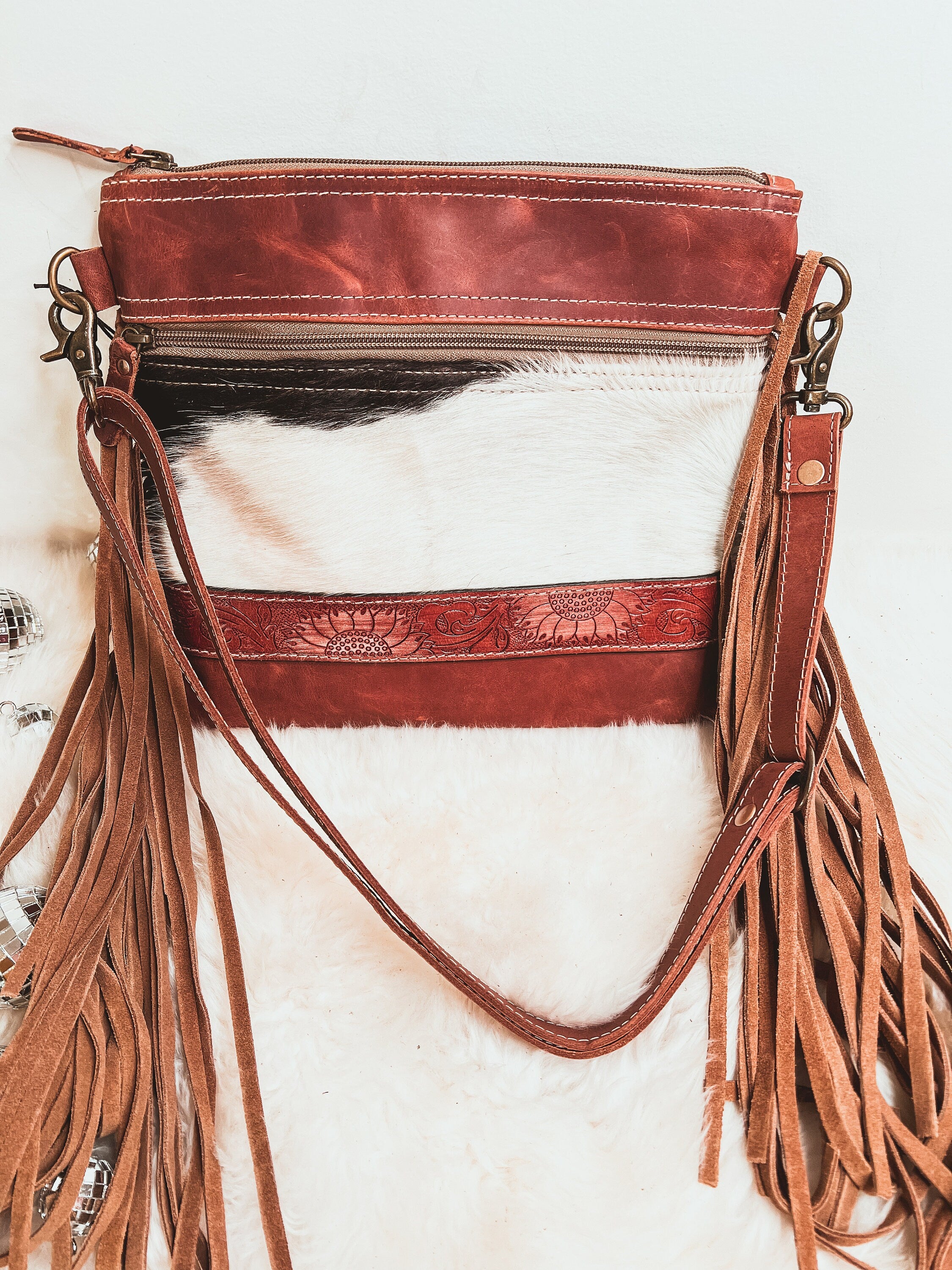Custom Branded Cowhide & Tooled Leather Sunflowers Western style fringe Crossbody Purse we add your Initials Monogram name Farm or Cow Brand