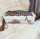 Custom Branded Brown & White Cowhide Tooled Leather Crossbody Purse with fringe we add your Initials Monogram name Farm or Cow Brand