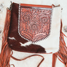 Custom Branded Brown & White Cowhide Tooled Leather Crossbody Purse with fringe we add your Initials Monogram name Farm or Cow Brand