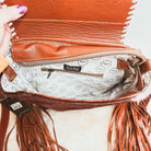 Custom Branded Brown & White Cowhide Tooled Leather Crossbody Purse with fringe we add your Initials Monogram name Farm or Cow Brand