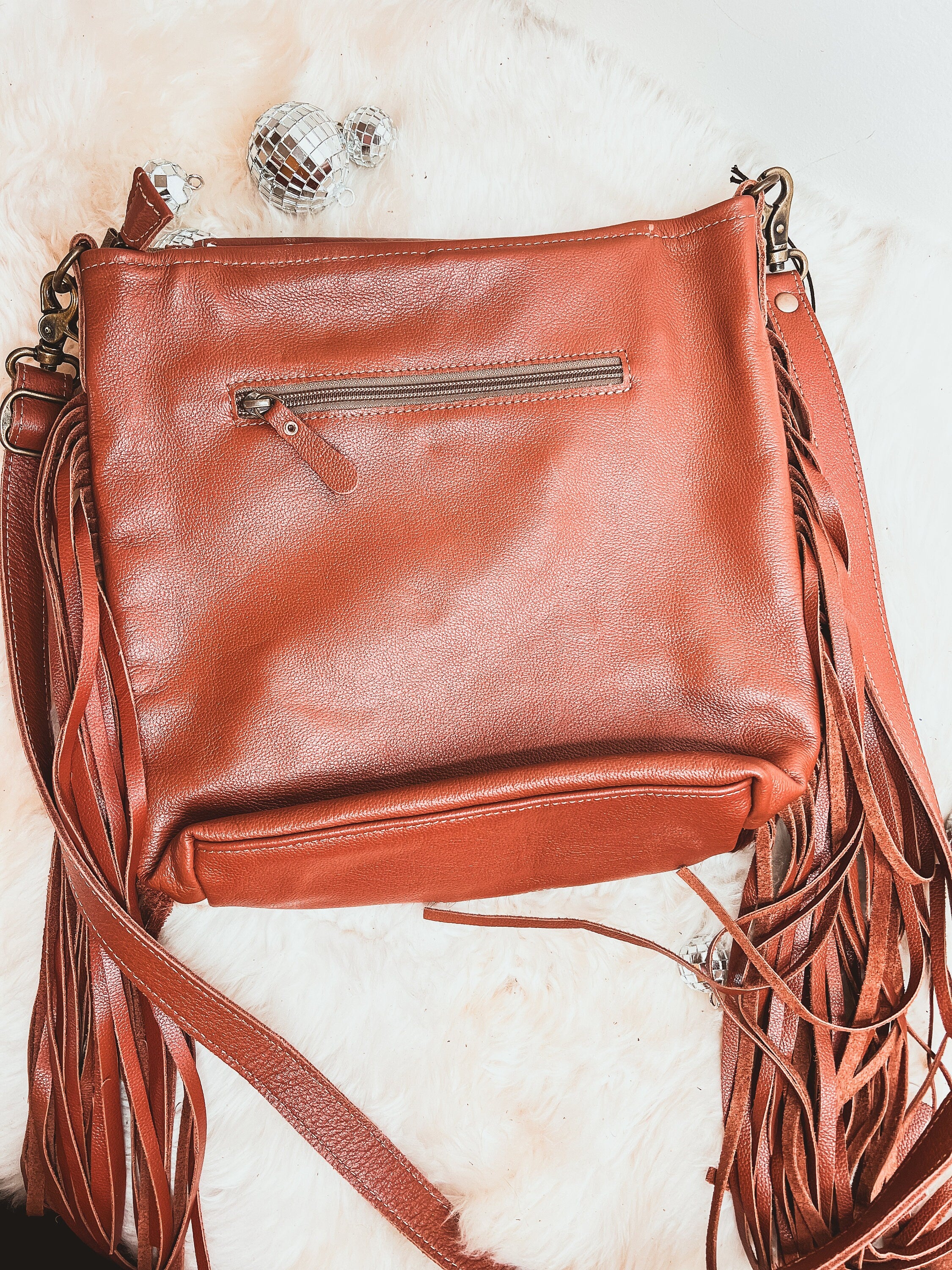 Custom Branded Brown & White Cowhide Tooled Leather Crossbody Purse with fringe we add your Initials Monogram name Farm or Cow Brand