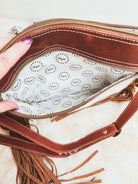 Custom Branded Cowhide & Tooled Leather Sunflowers Western style fringe Crossbody Purse we add your Initials Monogram name Farm or Cow Brand