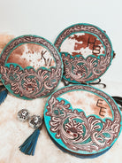 Custom Branded Cowhide Round Crossbody purse tooled leather Turquoise Flowers & White Whipstitch we add your farm cow brand logo initials