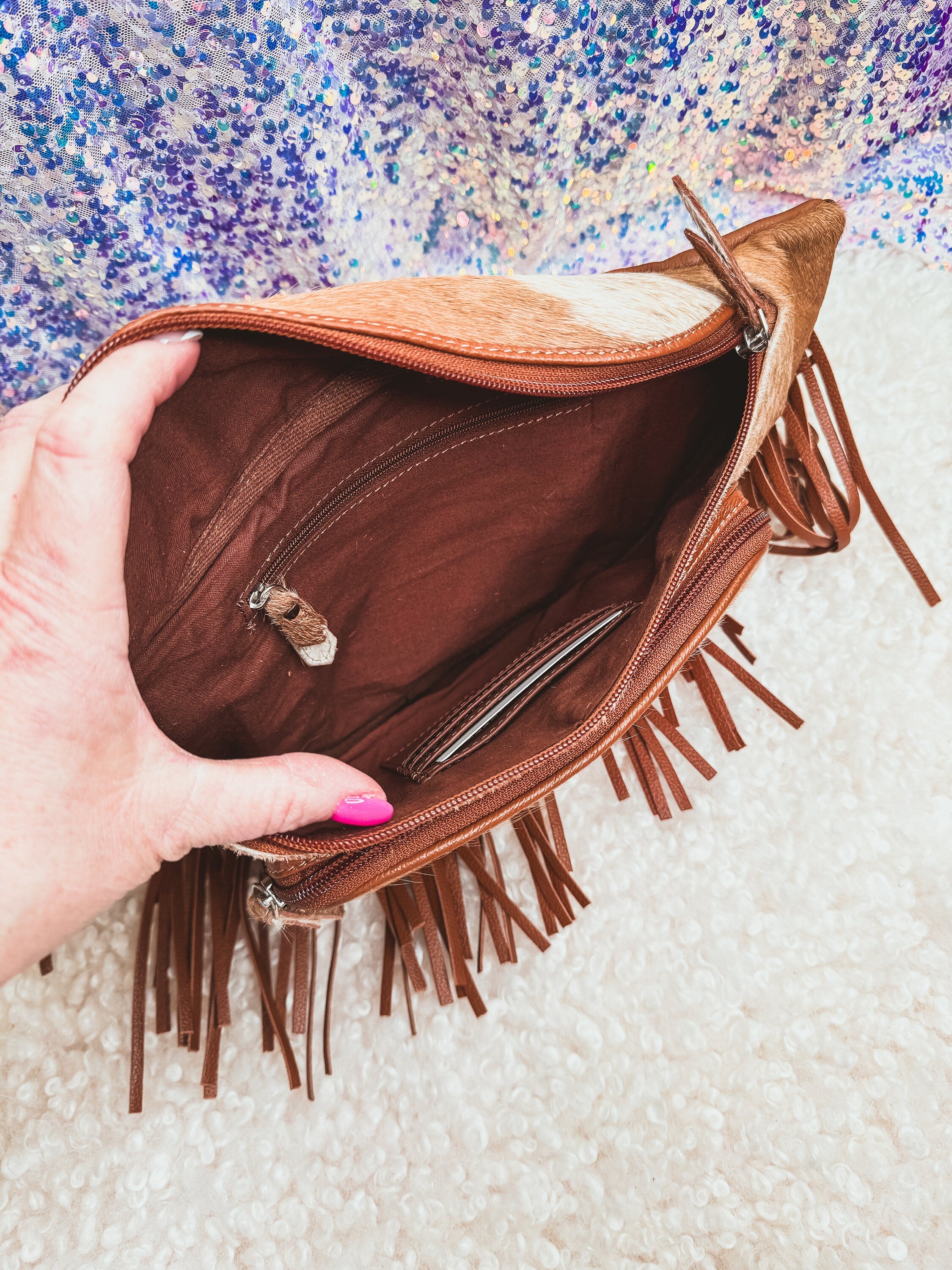 Custom Branded with Your Farm Brand Cow Brand or Initials Brown & White Cowhide Fringe Fanny Pack Bum Bag, Western Fringe Purse, Leather