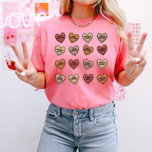 Country Music Men Candy Hearts Valentines Day Tee Johnny Cash Travis Tritt Willie Nelson George Jones Charlie Pride Garment-Dyed T-shirt