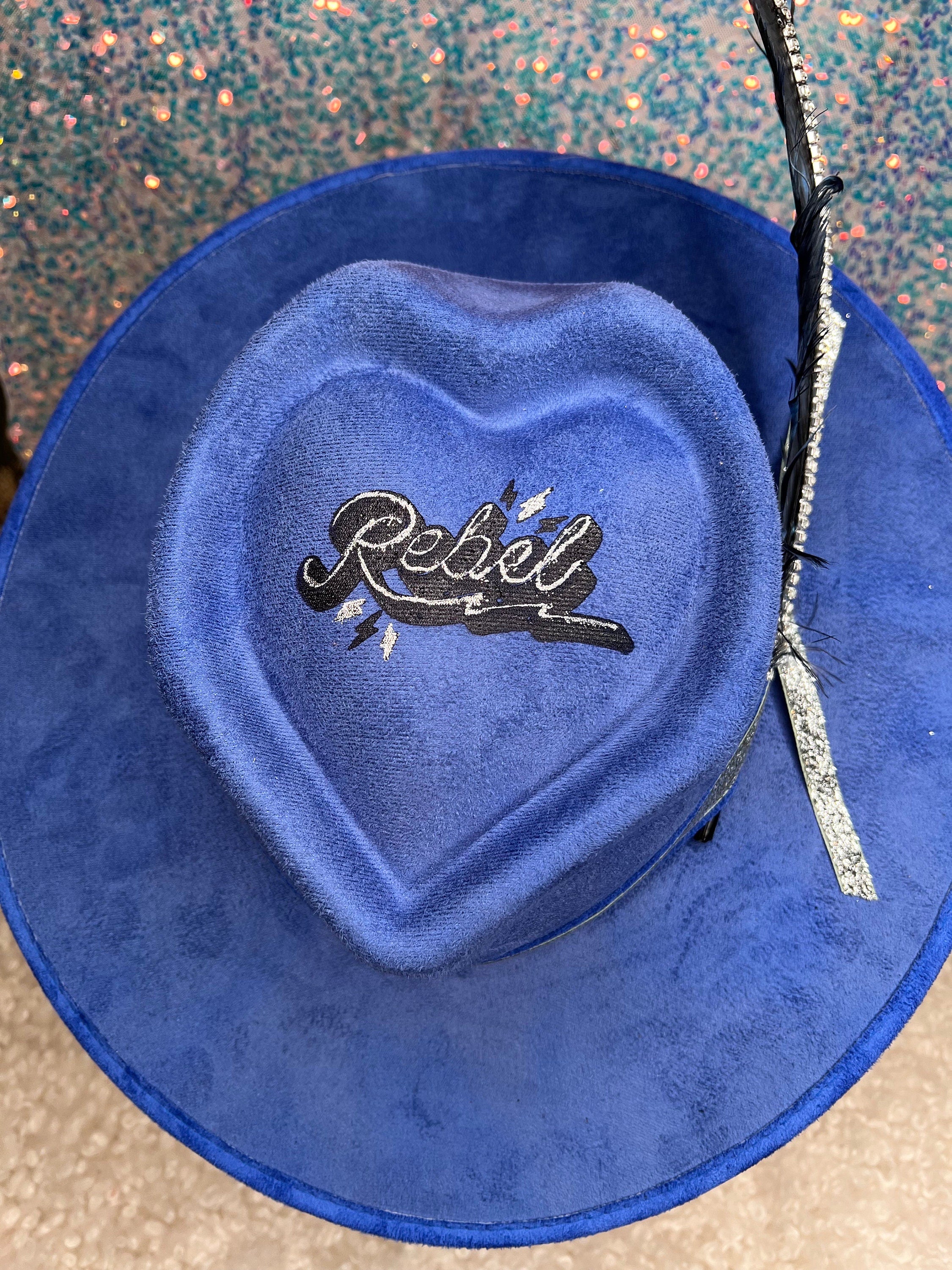 Blue suede "Rebel" burned Cowgirl Heart Crown Hat |Decorated Hat | Custom Hat | Valentines Day | Gift for Her