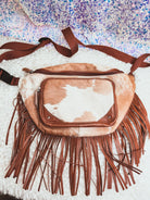 Custom Branded with Your Farm Brand Cow Brand or Initials Brown & White Cowhide Fringe Fanny Pack Bum Bag, Western Fringe Purse, Leather