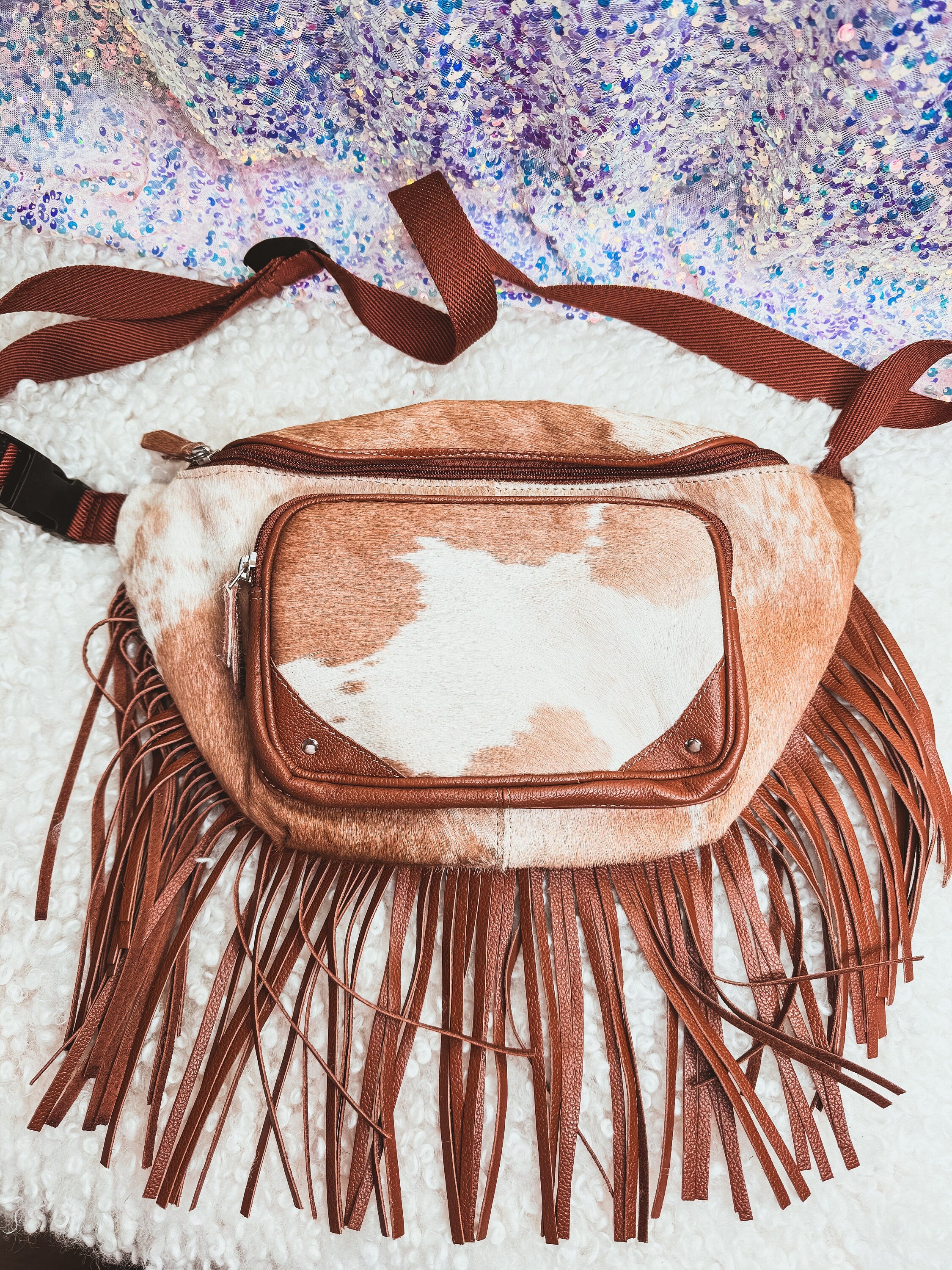 Custom Branded with Your Farm Brand Cow Brand or Initials Brown & White Cowhide Fringe Fanny Pack Bum Bag, Western Fringe Purse, Leather