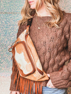 Custom Branded with Your Farm Brand Cow Brand or Initials Brown & White Cowhide Fringe Fanny Pack Bum Bag, Western Fringe Purse, Leather