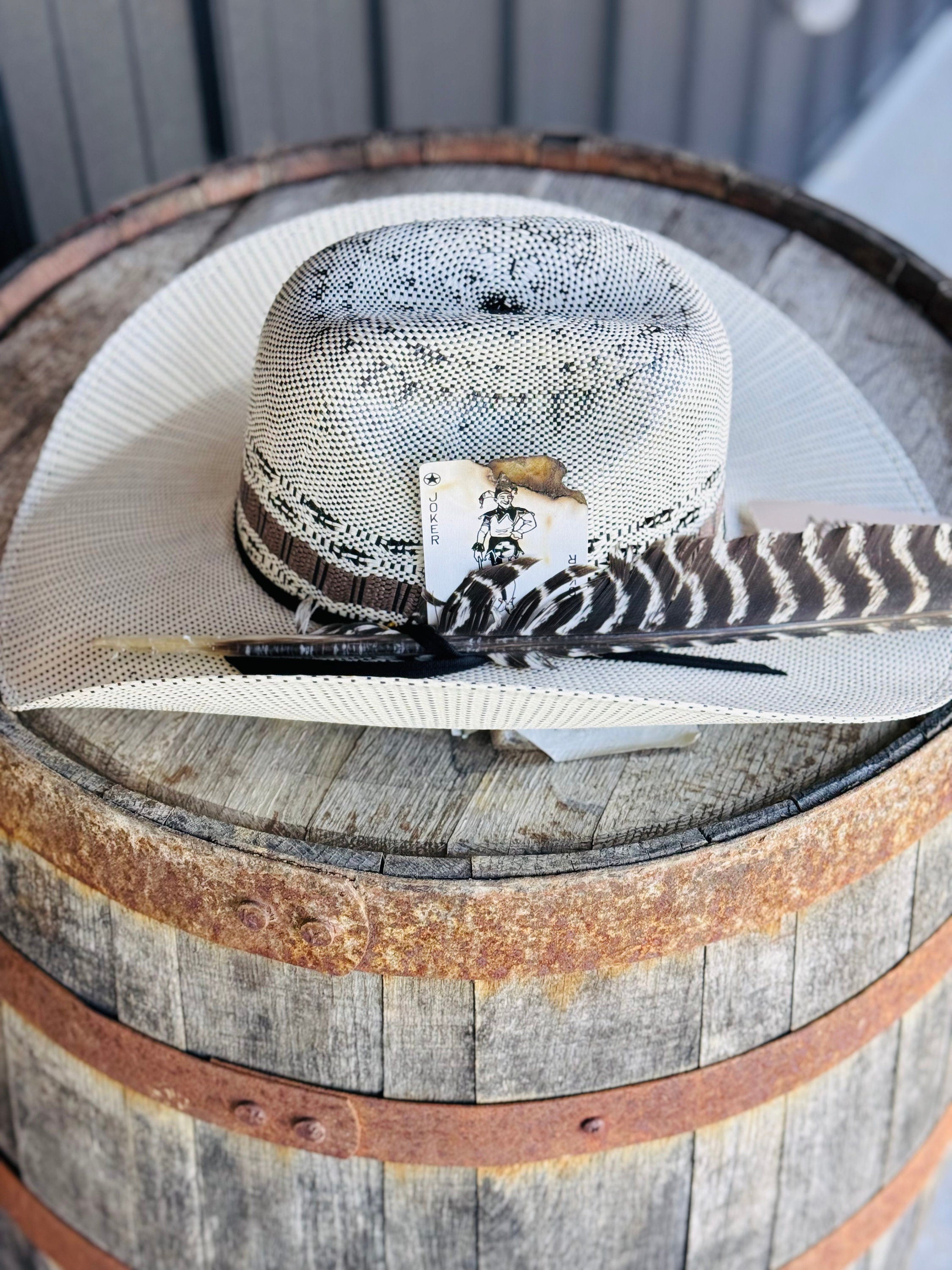 Men’s Women's Straw Cowboy Hat with Turkey Feather & Burned Card, Cowgirl Hat, Decorated Hat, Custom Hat, Hat Card, Hat Feather, Tan Hat