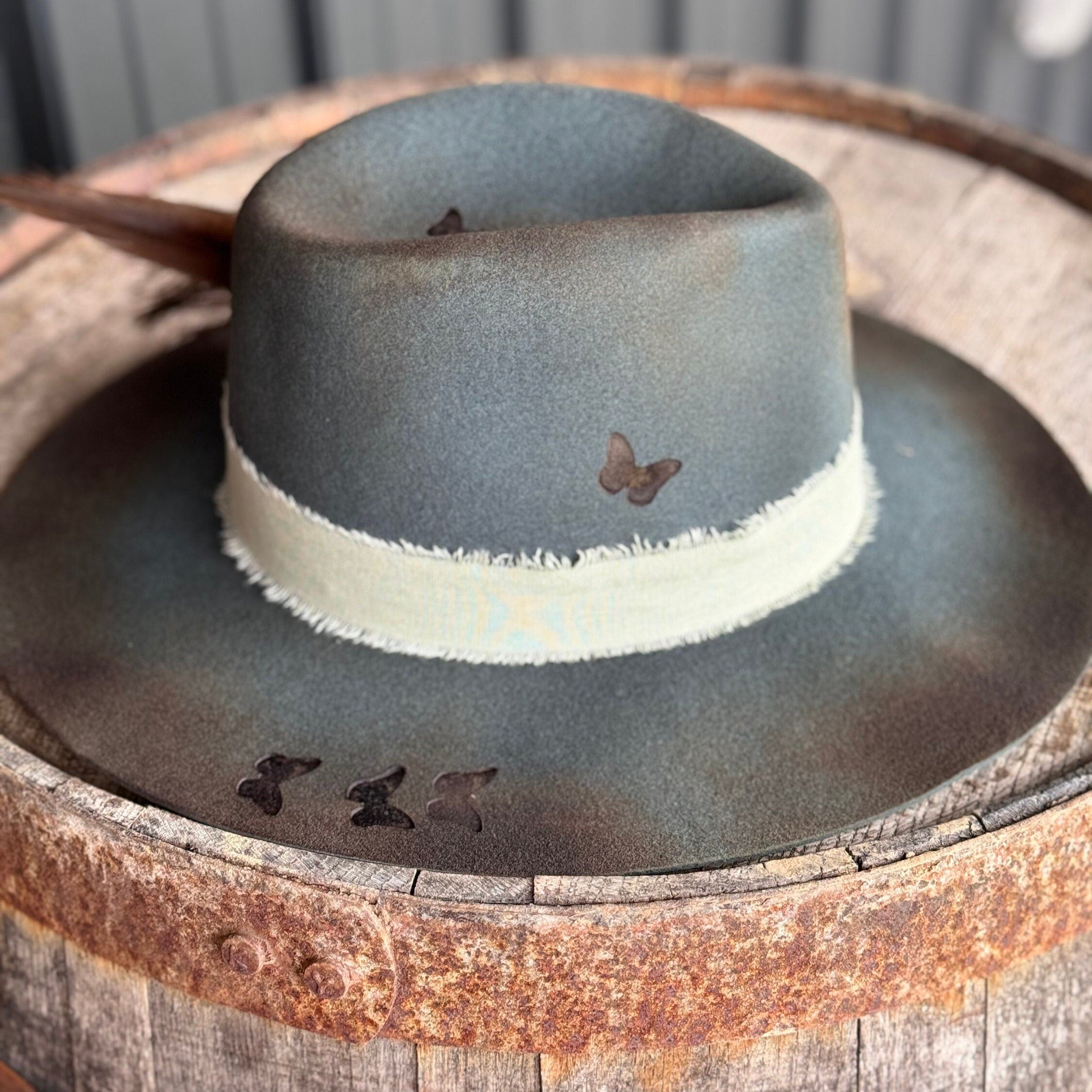 Deep Green Butterfly Decorated Hat, Cowgirl Hat, Burned Hat, Distressed Hat, Branded Hat, Boho