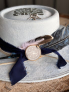 Baby Blue Suede *Wanderlust* Round Crown Decorated Cowgirl Hat, Compass, Burned, Blue & Natural Feathers, Western Boho Hat