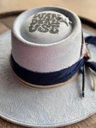 Baby Blue Suede *Wanderlust* Round Crown Decorated Cowgirl Hat, Compass, Burned, Blue & Natural Feathers, Western Boho Hat