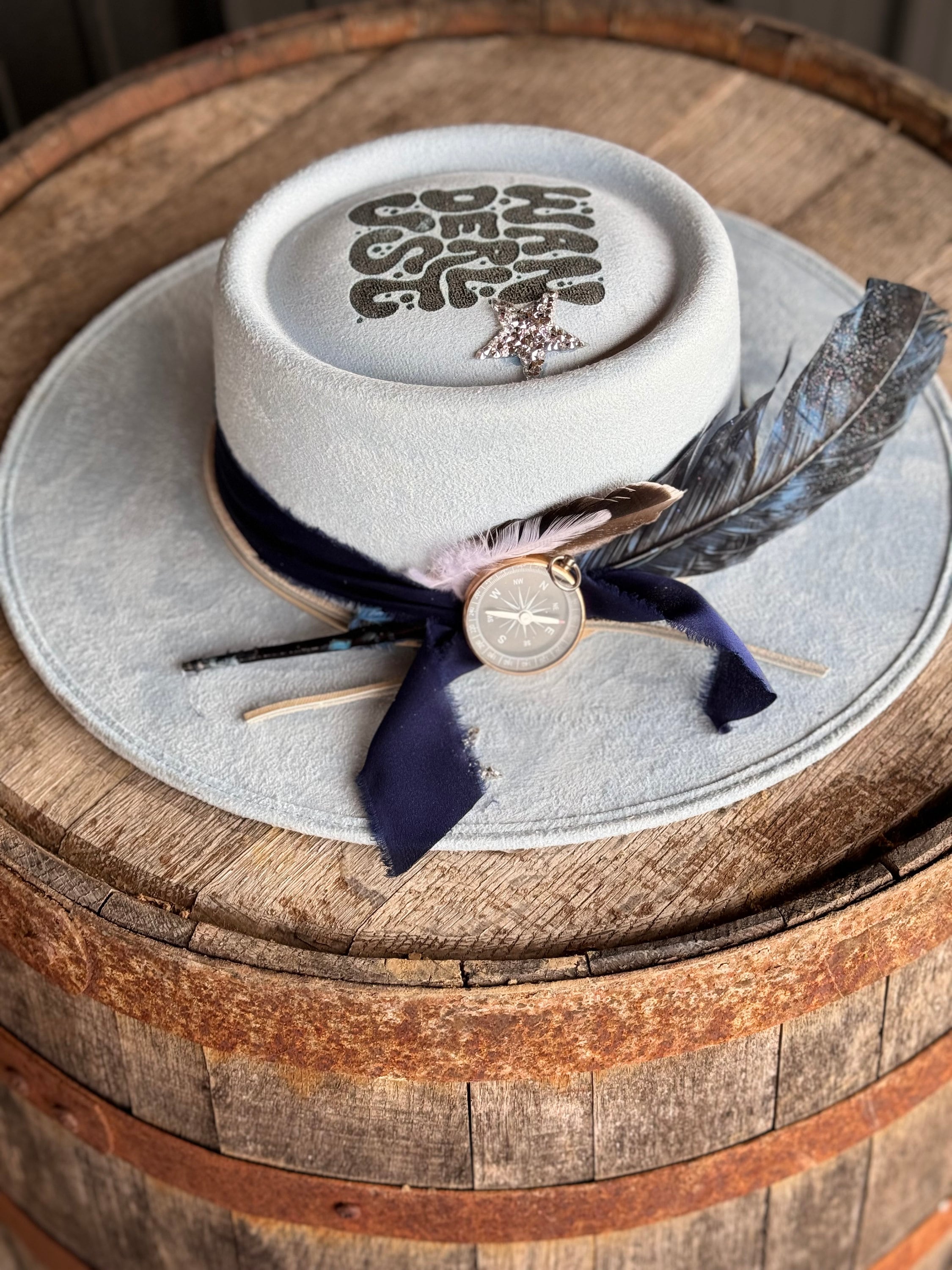 Baby Blue Suede *Wanderlust* Round Crown Decorated Cowgirl Hat, Compass, Burned, Blue & Natural Feathers, Western Boho Hat
