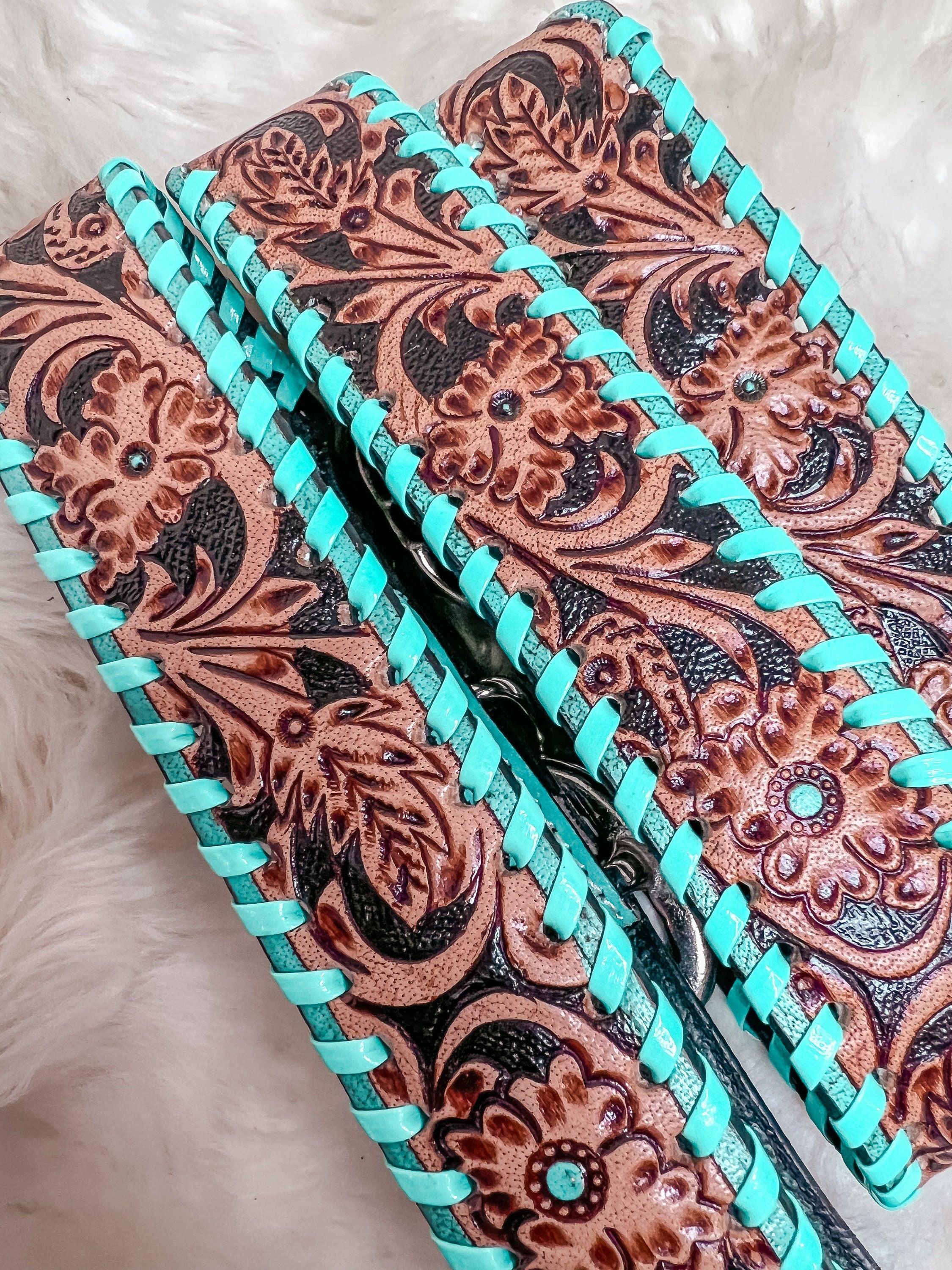 Turquoise Tooled Leather Western style Dog Collar, Show Dog, Farm Dog, Cow Dog, Cattle Dog