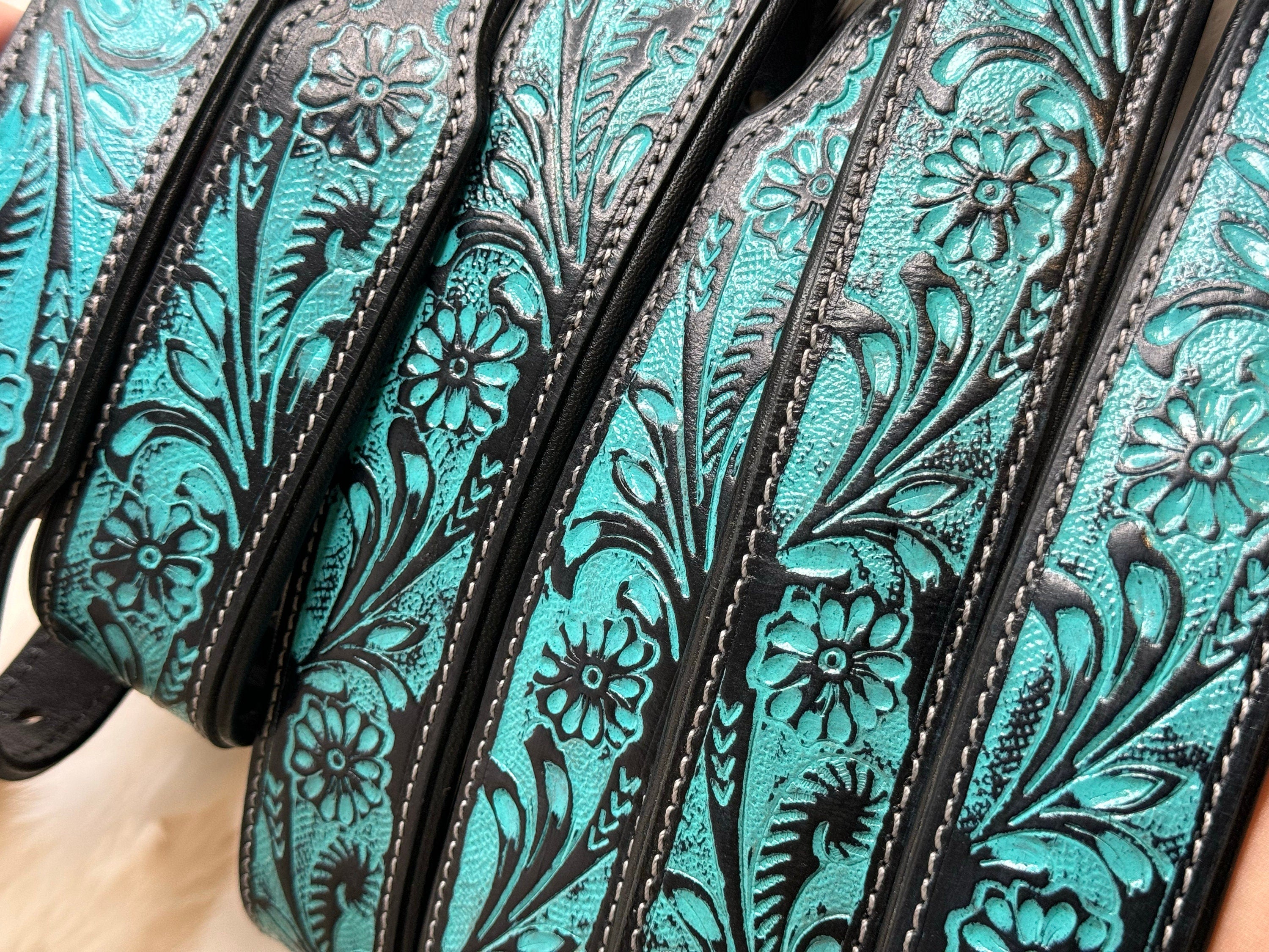 Turquoise Tooled Leather Western style Dog Collar, Show Dog, Farm Dog, Cow Dog, Cattle Dog