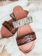 Tooled Leather & Black and White Cowhide flats sandals, slides, Western sandals, Wedding, Prom Shoes, Summer Shoes Graduation, Mothers Day