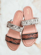 Tooled Leather & Black and White Cowhide flats sandals, slides, Western sandals, Wedding, Prom Shoes, Summer Shoes Graduation, Mothers Day