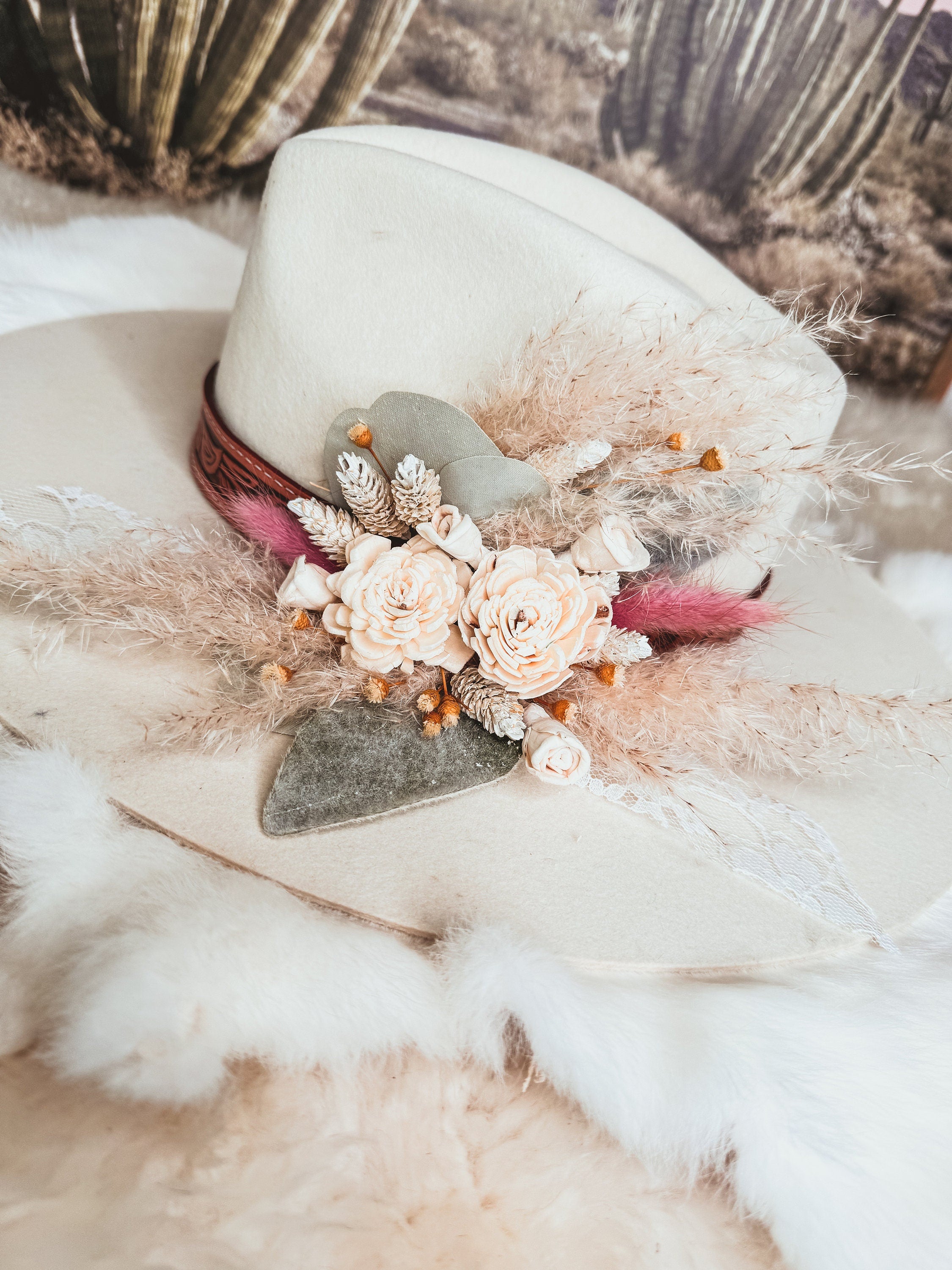 Custom Wedding Bridal Cowgirl Hat, Boho, Western, Floral, Lace, Flower Decorated Charlie 1 Horse Hat