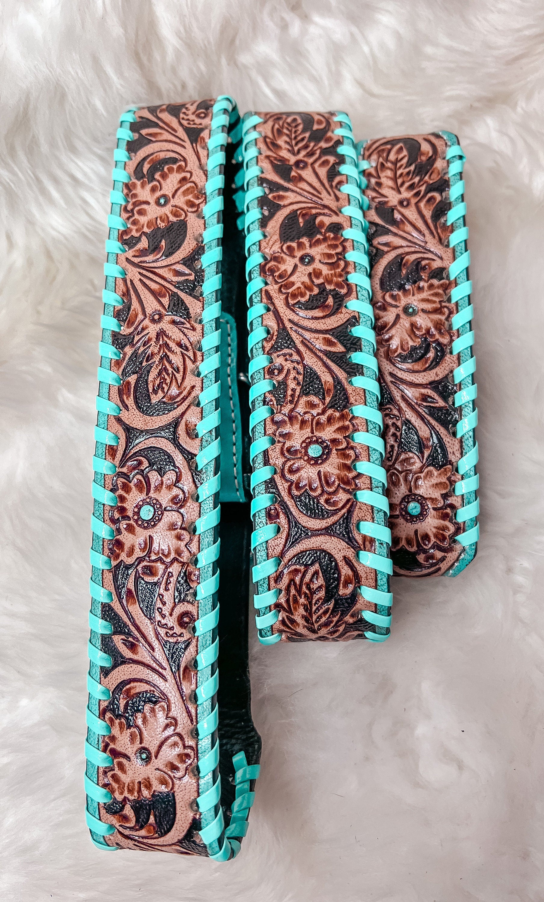 Turquoise Tooled Leather Western style Dog Collar, Show Dog, Farm Dog, Cow Dog, Cattle Dog