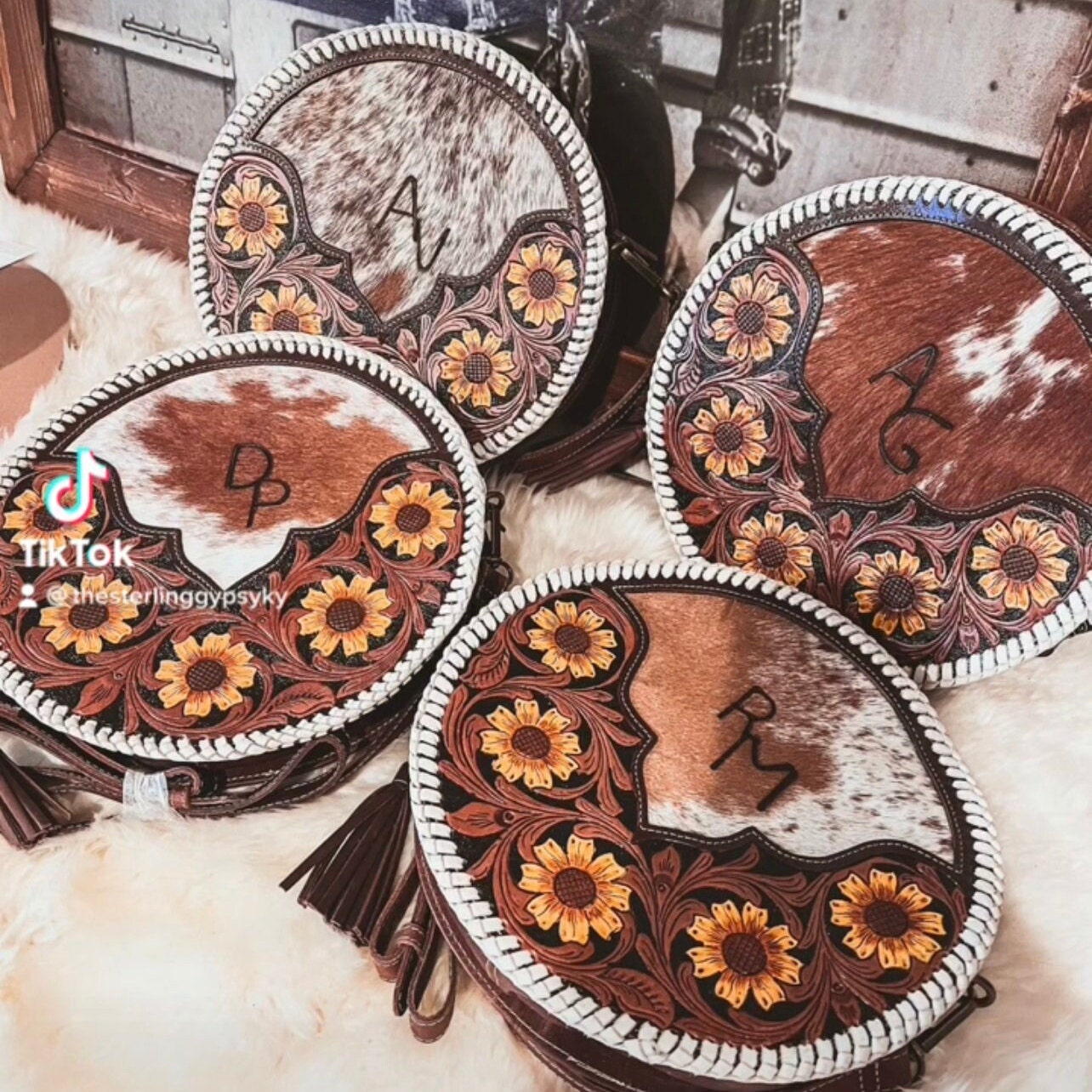 Custom Branded Cowhide tooled Leather Western Daisy with white whipstitch Round Crossbody Purse Initials Monogram Farm or Cow Brand